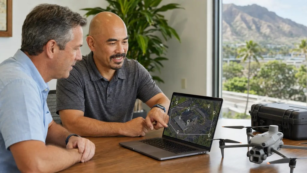 Gabe Hanohano reviewing aerial mapping and commercial property documentation with a client in Hawaii
