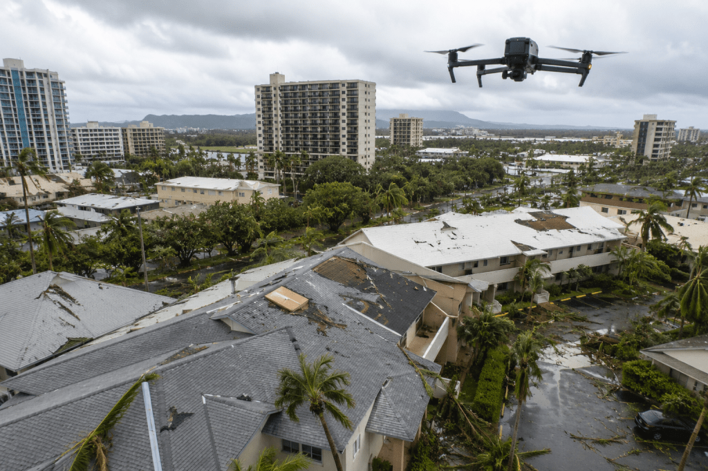 Drone conducting a post-storm aerial inspection above damaged roofs and commercial buildings in Hawaii